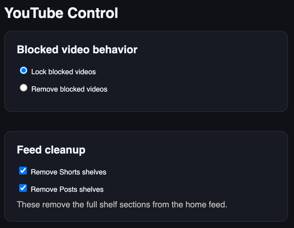 YouTube Control options page showing mode and feed cleanup settings