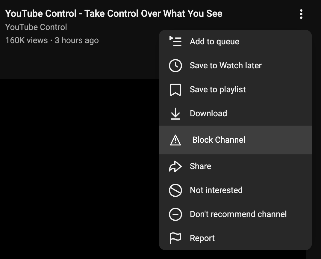 Block channel action added to YouTube 3-dots menu